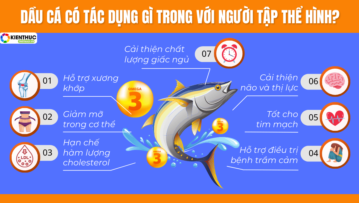 Dầu cá có tác dụng gì? Bài viết dưới đây sẽ giúp bạn biết được những lợi ích của việc sử dụng dầu cá trong tập luyện và các lưu ý khi sử dụng dầu cá...