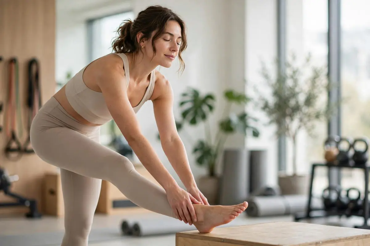 Người tập giãn cơ nhẹ nhàng trong phòng gym vào tuần deload