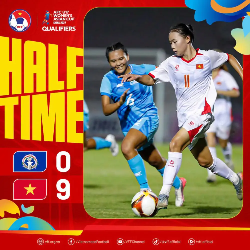 U17 nữ Việt Nam thắng 20-0: HLV Okiyama Masahiko tiết lộ mục tiêu đặc biệt 1 U17 nữ Việt Nam thi đấu áp đảo trong hiệp một trận thắng 20-0 Quần đảo Bắc Mariana tại vòng loại U17 nữ châu Á 2027. Ảnh: VFF